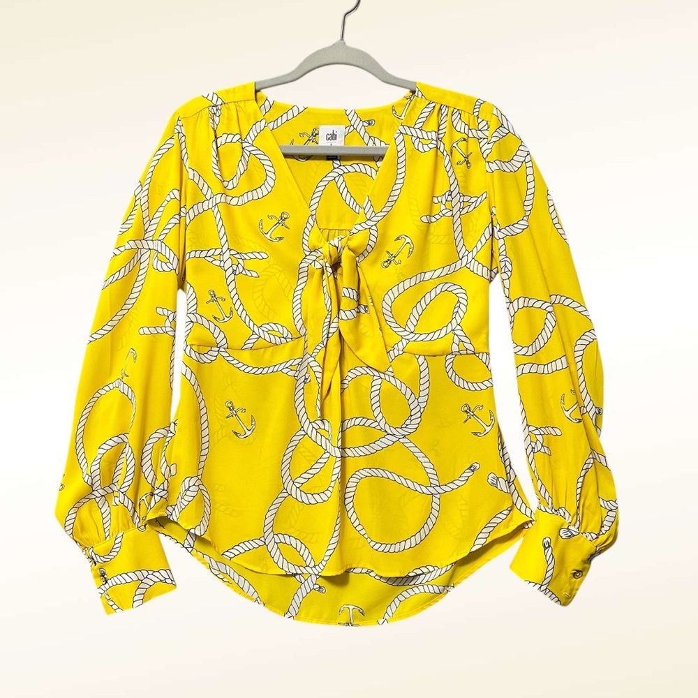 CAbi Reef Knot Long Sleeve Blouse Size Small Sunny Yellow Ropes Anchor Nautical